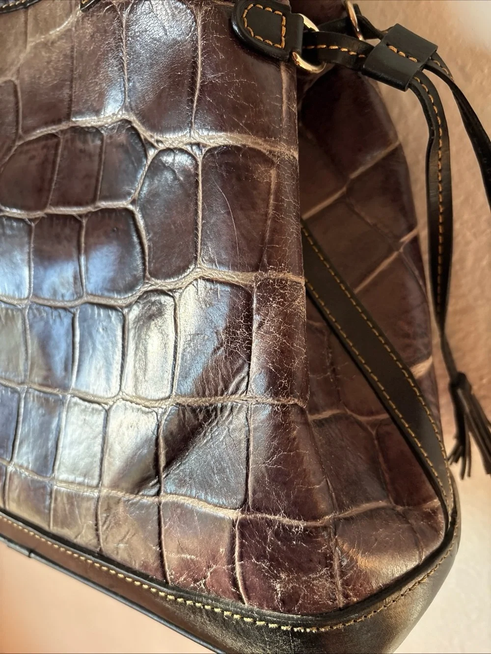 Dooney & Bourke Croc-Embossed Shoulder Tote - Deep Brown with Black Trim